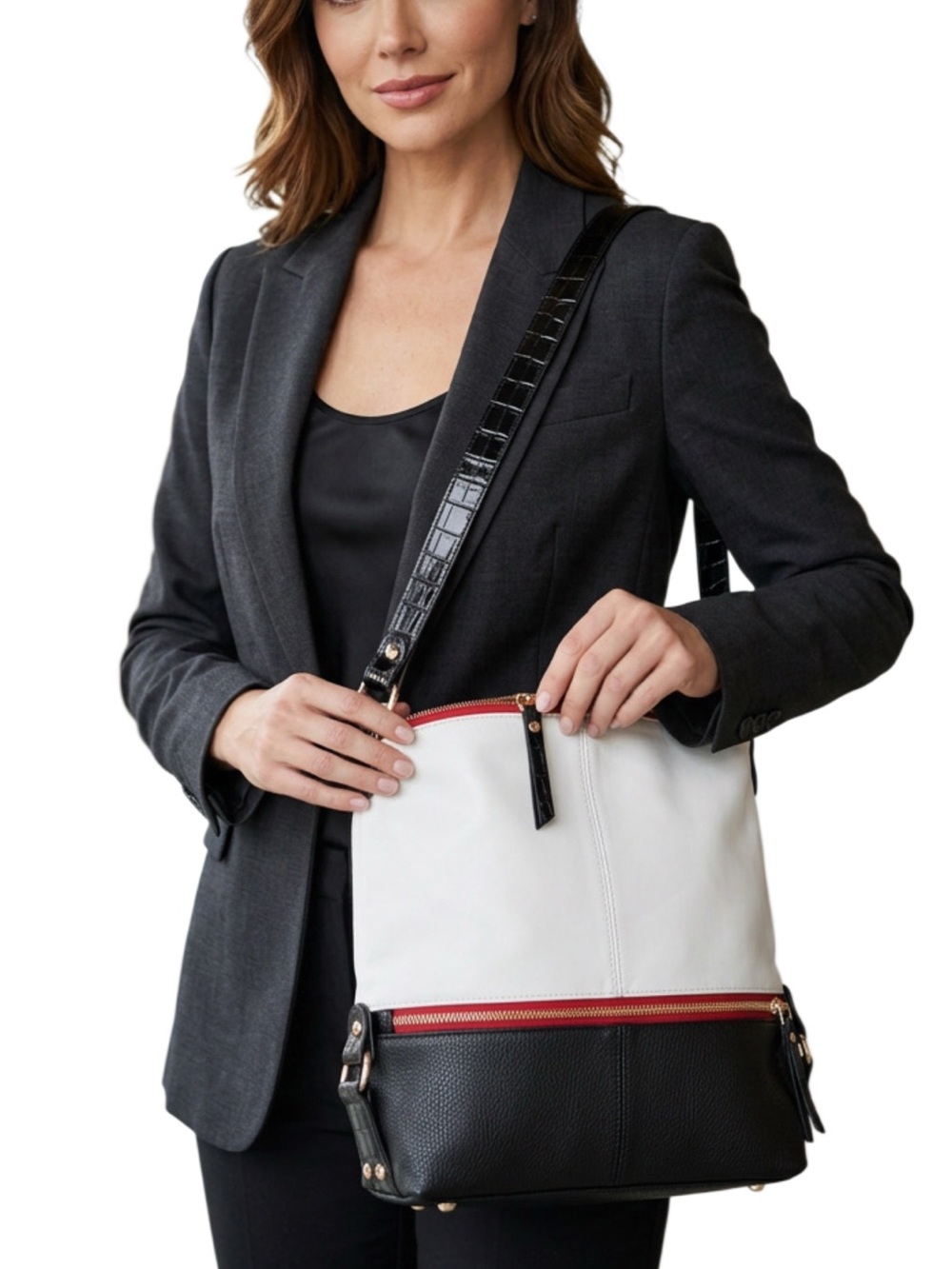 Sondra Roberts Squared Colorblock Shoulder Bag Ivory Black Red Gold